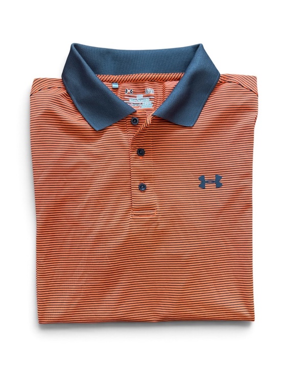 Under Armour Other - Under Armour Heat Gear Loose Fit Men’s Orange/Grey Stripe Polo